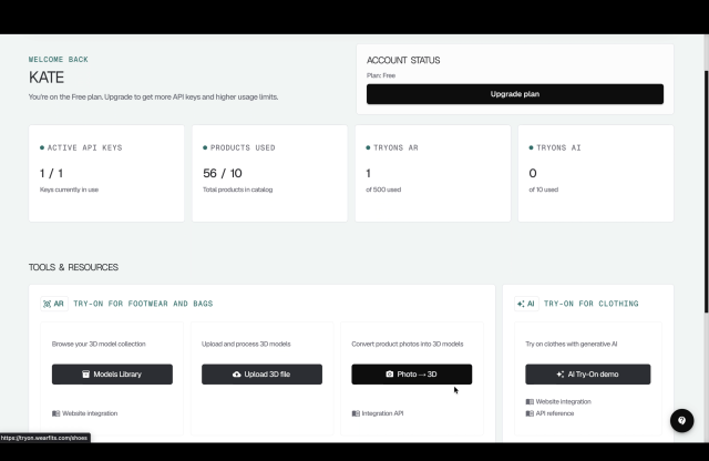 Example WEARFITS dashboard with a product catalog, account usage, and workspace tools.